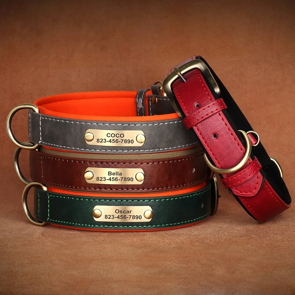 

Personalized Customized Leather ID Nameplate Dog Collar Soft Padded Dogs Collars Free Engraving Name for Small Medium Large Dogs