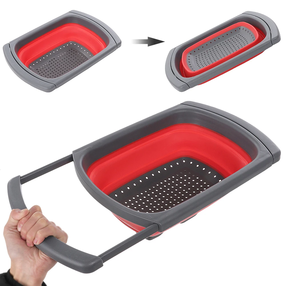 Silicone Large Square Telescopic Fruit Vegetable Basket Foldable Colander for Home Fruit Cleaning / Kitchen Storage