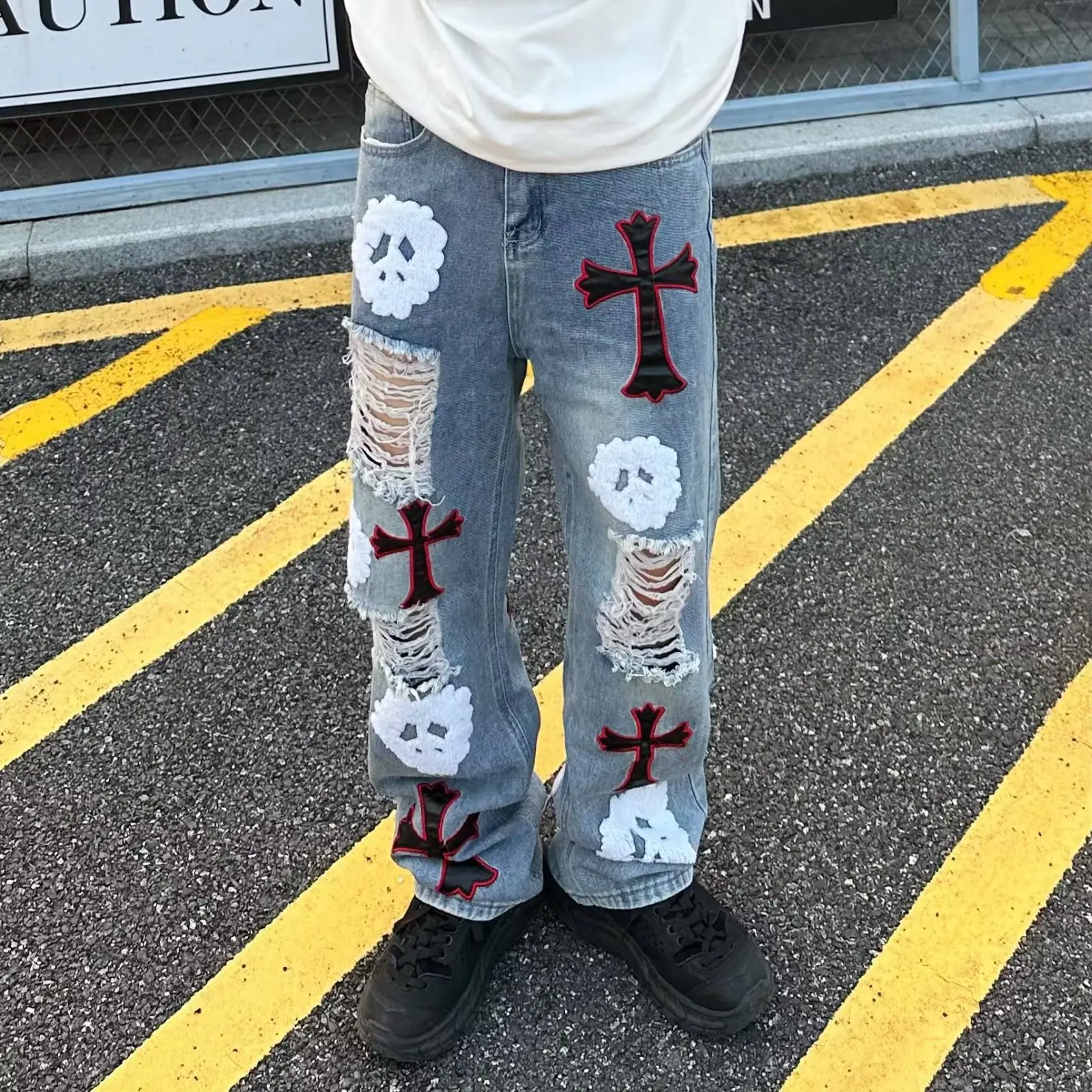 Newly High Street Wear Men's Jeans Ripped Loose Casual Denim Hip Hop Harajuku Trousers Male's Straight Retro Hole Fashion Pants