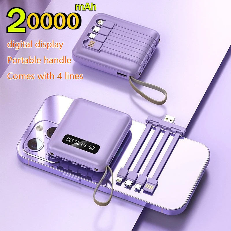 

Мини-Power Bank 4-в-1, 20000 мАч, большая емкость, быстрая зарядка, цифровой дисплей, запасная батарея для IPhone, Samsung, Xiaomi, Huawei