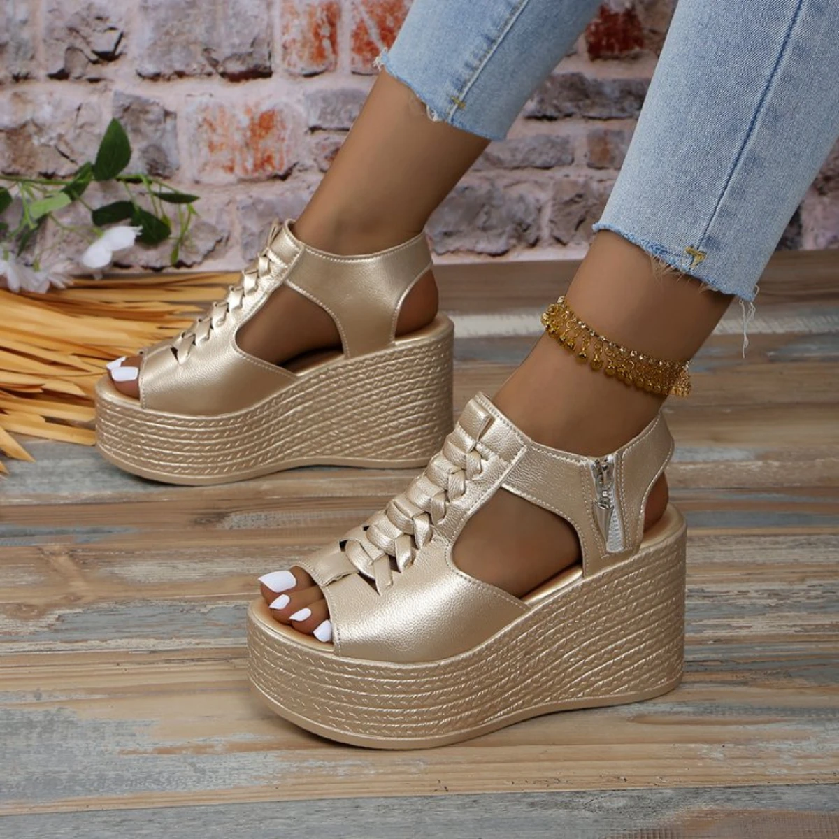 New Wedges bottom Sandals Rome Women Sexy High Heels Shoes Fashion Peep Toe Walking Designer zip Comfort Non-slip pumps