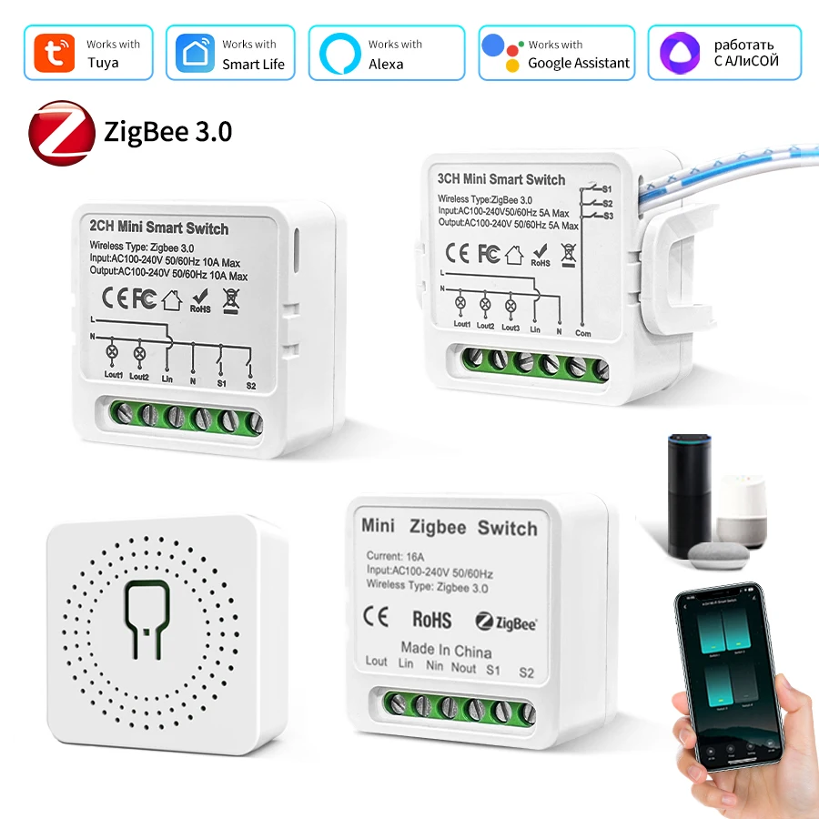 Tuya Smart ZigBee Switch Smart Life App Remote Module 100-240V 1/2/3CH ZigBee Relay Breaker Works with Alexa Google Assistant
