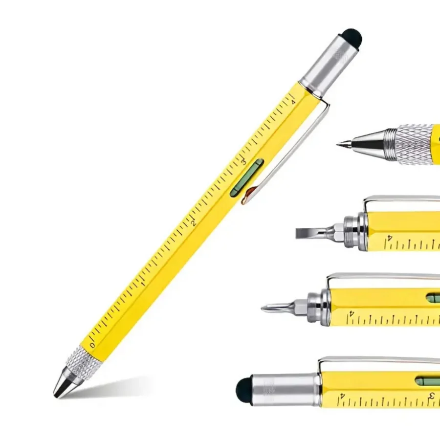 أداة بناء قلم متعدد المهام 6 في 1، قلم أداة هدية، قلم متعدد التقنية مع قلم حبر جاف، مسطرة، قلم، مستوى، مفك براغي #6