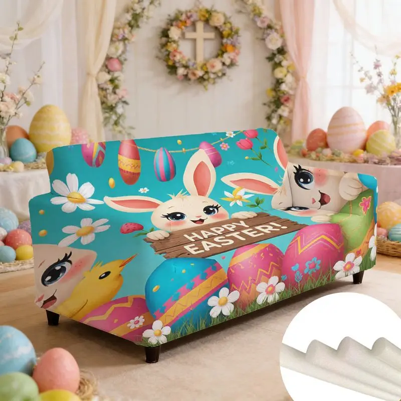 

Универсальный чехол для дивана, пасхальная сцена, кролик и пасхальное яйцо, весенний узор дыхания, подходит для праздничного украшения