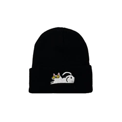 Cartoon Cat Embroidery Knitted Hat Autumn Winter Warm Skullies Cap Beanie Hat for Men and Women