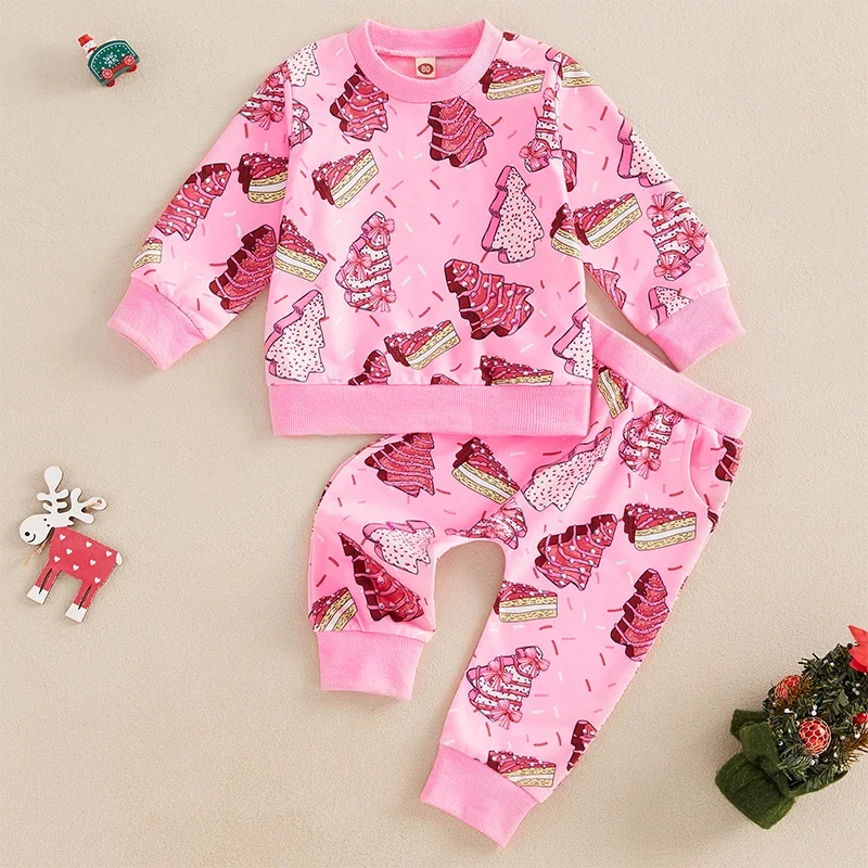 Baby Girl 2Pcs Christmas Outfits Long Sleeve Cake Print Sweatshirt Tops Pants Set Toddler Kids Xmas Clothes Tracksuits Set