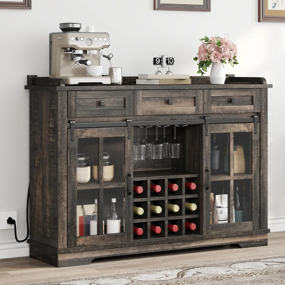 

53" Wine Bar Cabinet for Liquor and Glasses, Farmhouse Kitchen Sideboard Buffet Coffee Bar Cabinets with 3 Drawers and Glass