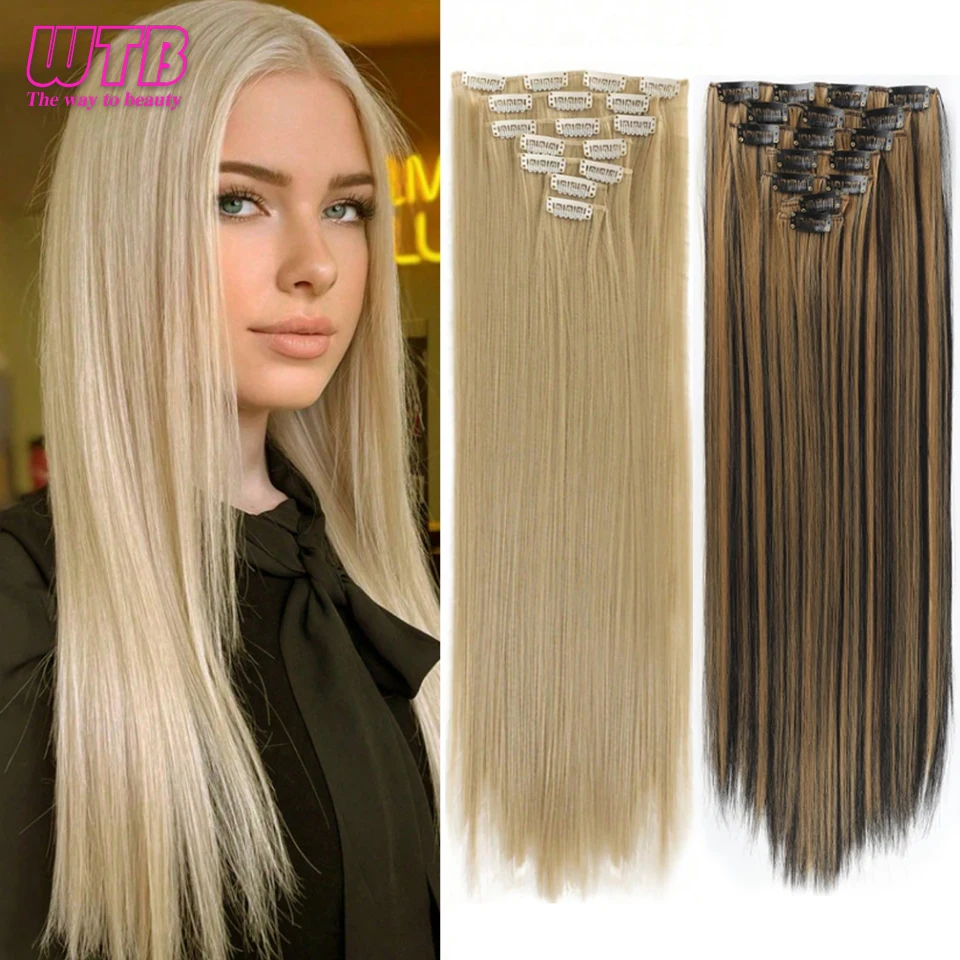 7-Piece Clip-In Hair Extension Set Long Straight Synthetic Strands 16 Clips Ombre Heat Resistant Fiber Multiple Natural Shades