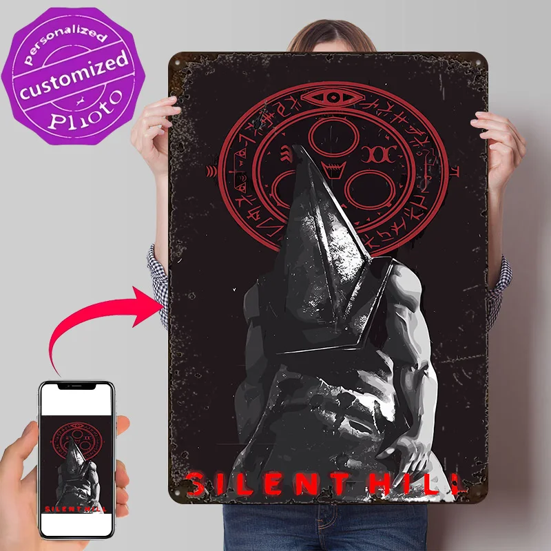 Silent Hill Pyramid Head Illustration 3D Texture Printed Poster Custom Vintage Metal Tin Plate Sign for Wall Art Wand Deko Decor