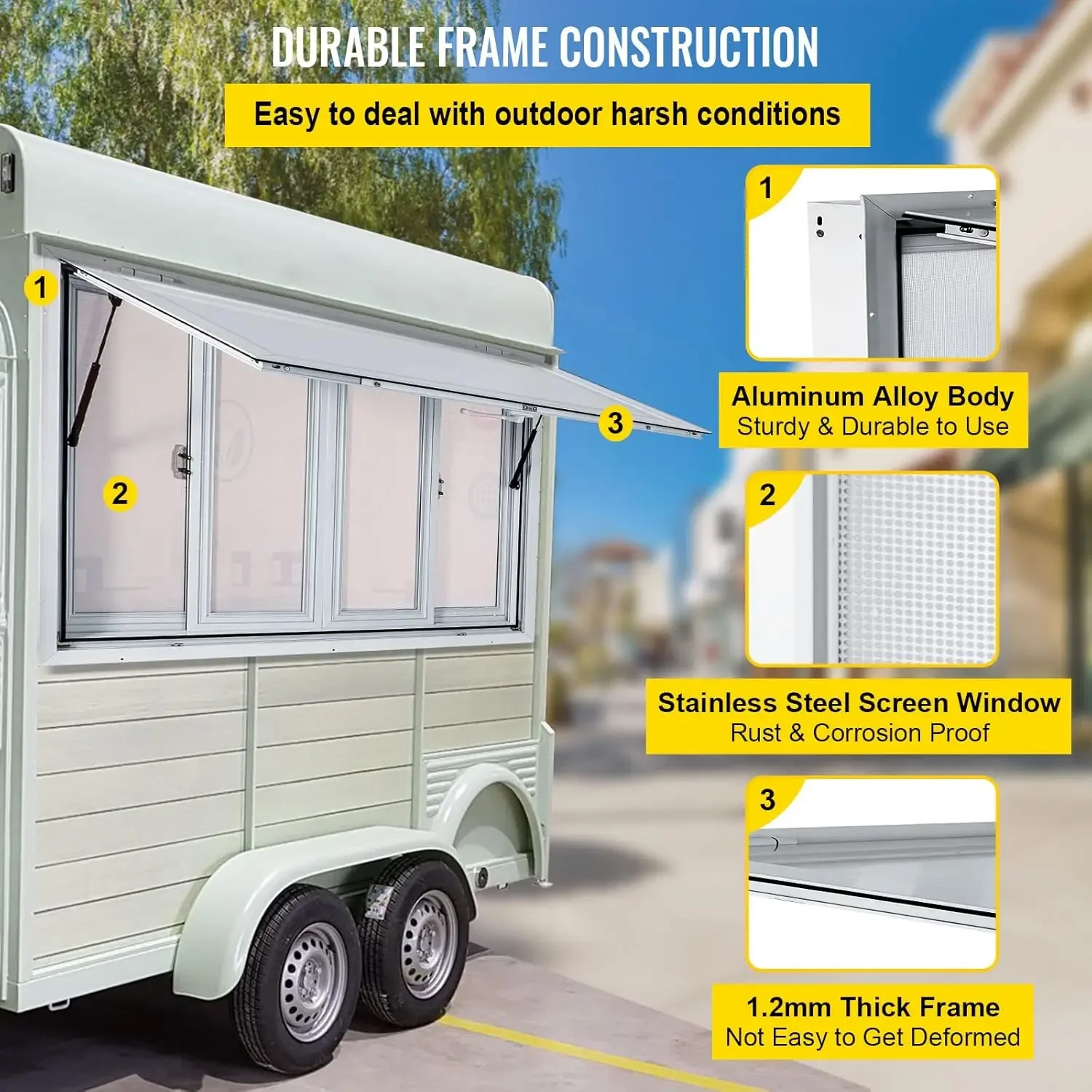 Ventana de expedición de 60x36 pulgadas, ventana de servicio de camión de alimentos de aleación de aluminio con 4 ventanas de pantalla deslizantes horizontales y toldo