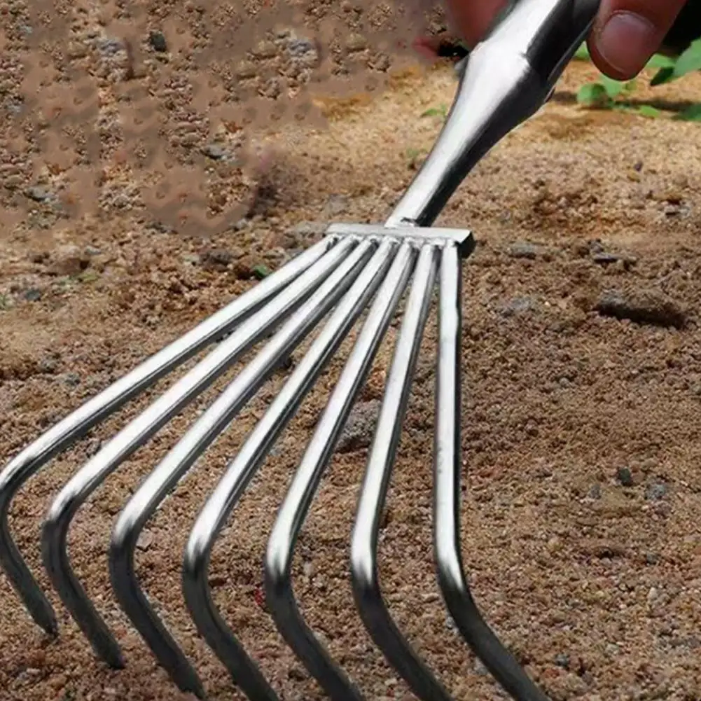 Edelstahl-Kleinrechen mit integriertem Stahlgriff, Mehrzahn-Bodenrechen für Garten, Bodenlockerung & Rechenarbeit, Großhandel – Detail 16