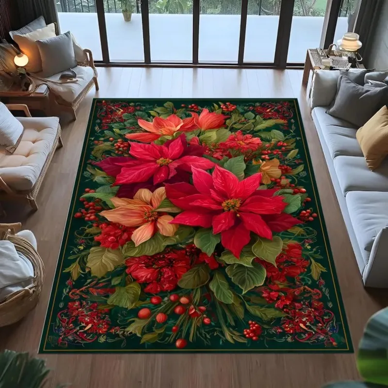 

Christmas Floral Rug,red Green Poinsettia Rug,holiday Decor Rug,classic Christmas Rug,vintage Festive Rug,living Room Xmas Rug,