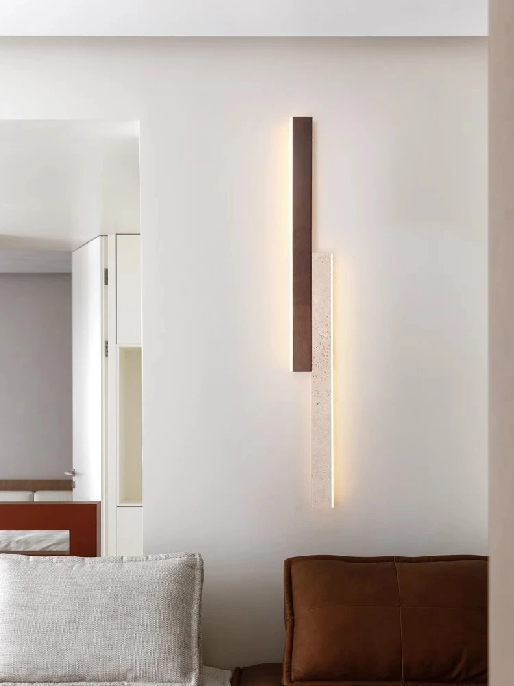 

Long wall lamp bedroom yellow travertine simple modern walnut quiet wind living room background wall staircase lamp