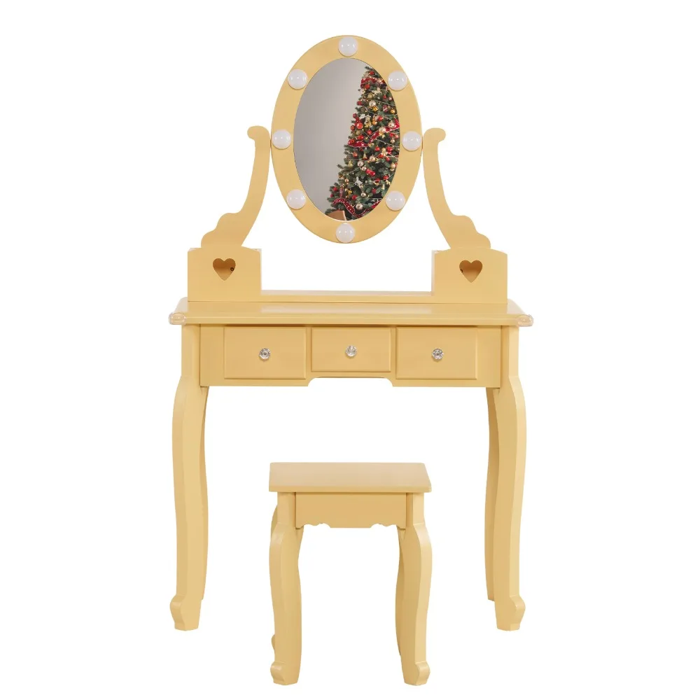 Set da toeletta per bambini con specchio e luci e sgabello, 5 cassetti portaoggetti, tavolo da trucco e set di sgabelli