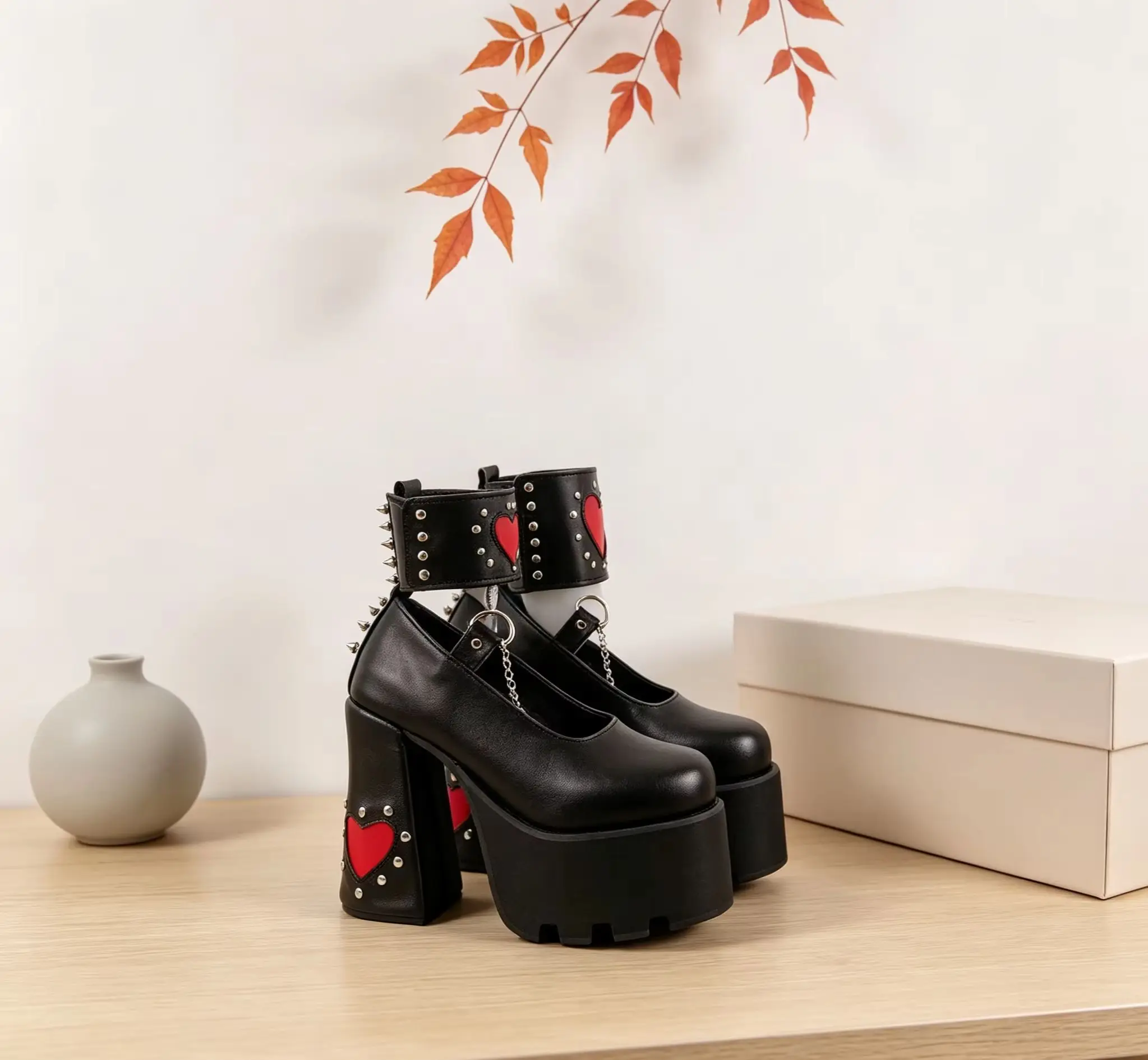 Heart Decor Platform Block Heels Rivet Ankle Cuff Mary Daily Sweet Fashion Chain Thick Sole Sexy Pumps Gothic Punk Women Shoes