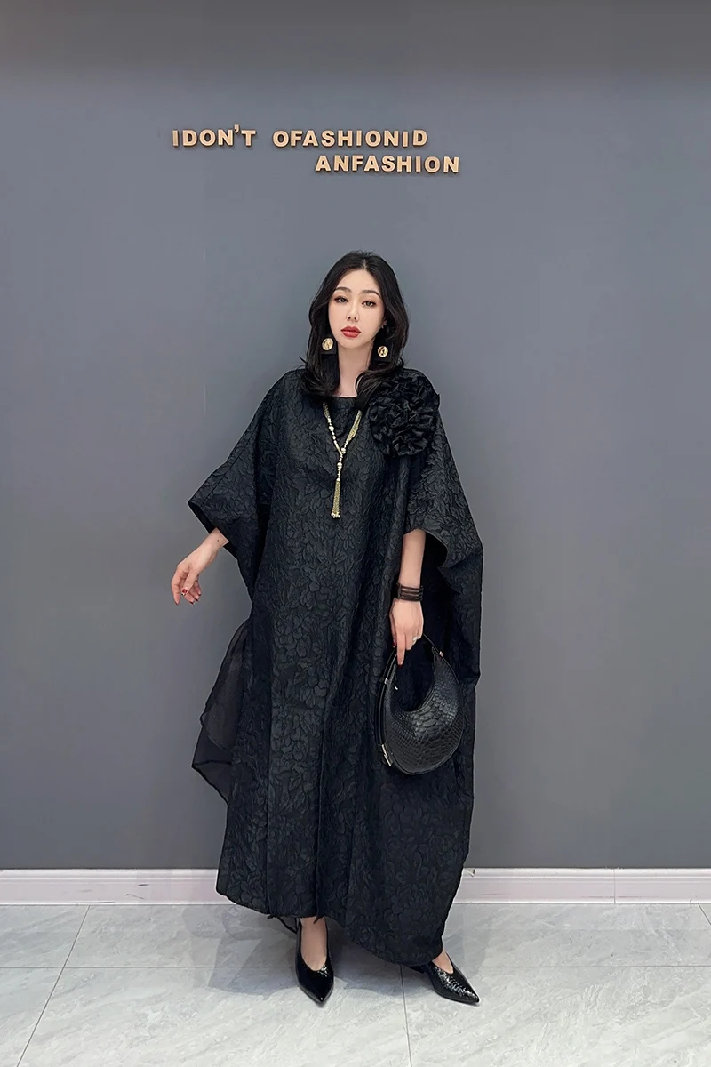 2024 Autumn New Elegant Solid Color Loose Flower Long Dress Women Fashion Half Sleeve Dress Wholesale J558