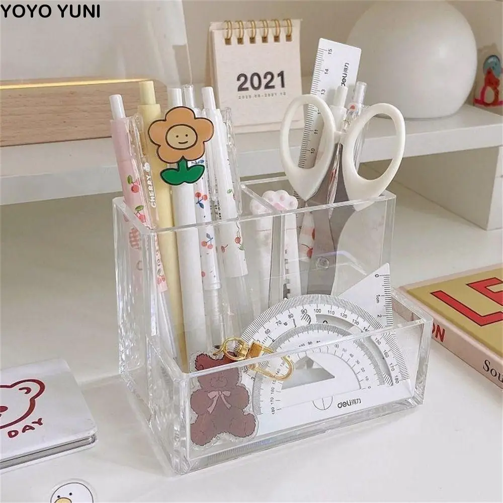 

Transparent Desk Pen Holder Multifunction Pen Stand Pencil Storage Box 5-Grid Large Capacity Stationery Organizer Home Office