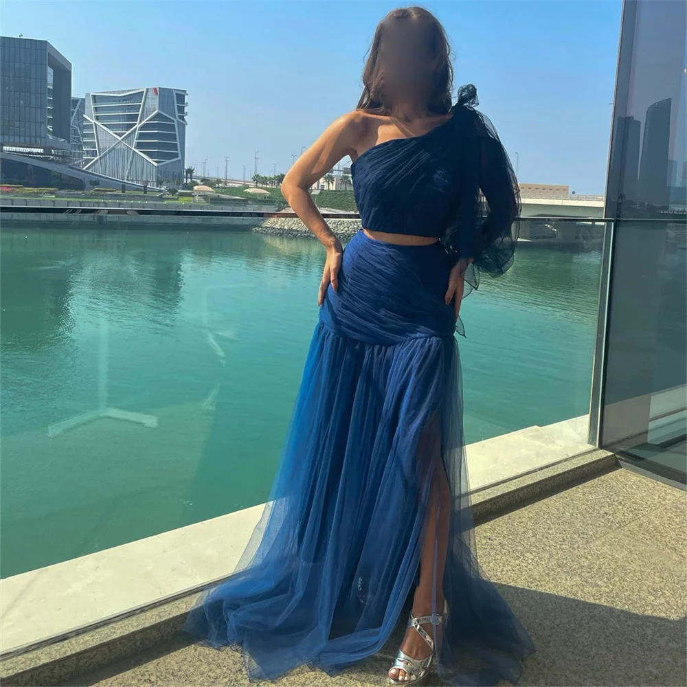 Jirocum One Shoulder Full Sleeve Prom Dress Women's A-Line Tulle Party Evening Gown High Slit Floor Length Formal Occasion Gowns