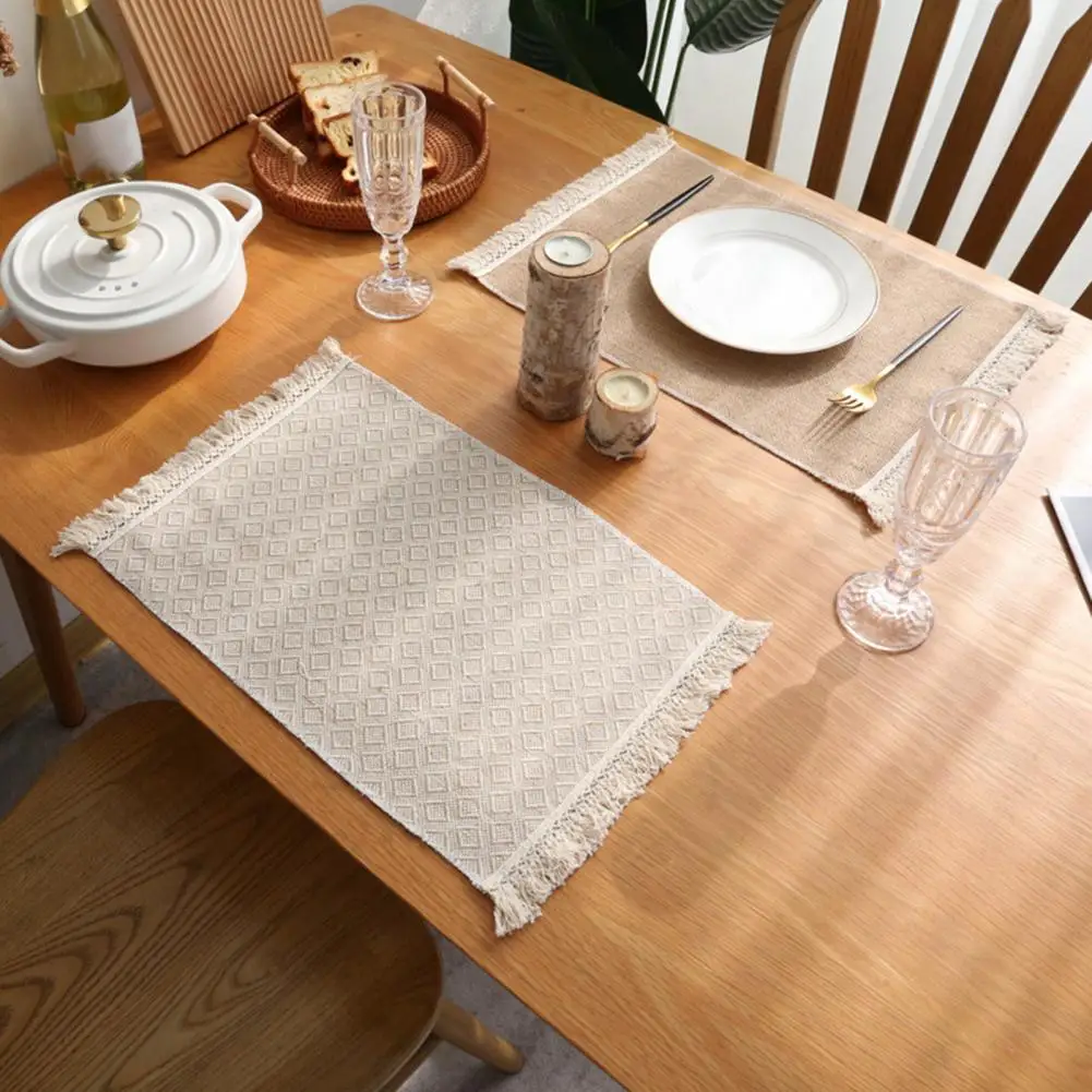 Table Placemat Insulated Non-slip Tassel Placemat Set Wear Resistant Dinner Table Mat Cup Coaster Stylish Dining for Home