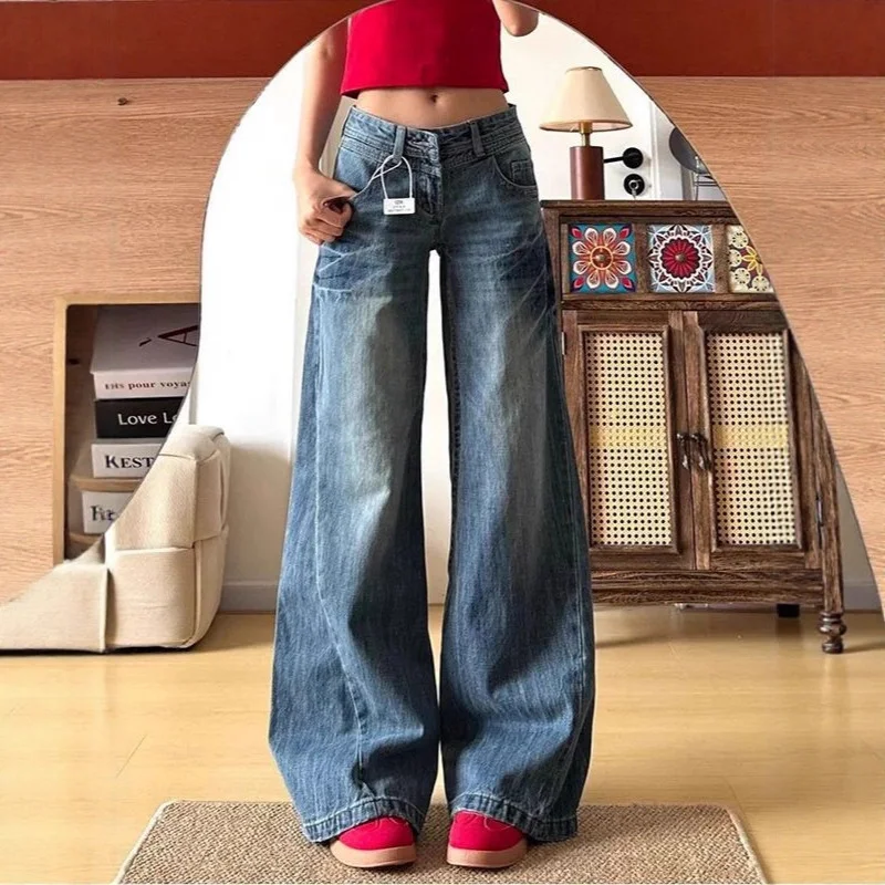 

Korean Style Washed Low-Waisted Denim Jeans for Women Spring Autumn New Style Loose Fashion Wide-Leg Floor-Length Pants
