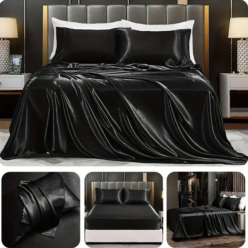 

1PC Solid Color Satin Sheet and 1/2PCS Pillowcase Luxurious Bedding Set Ensemble with A Silky Sheen Twin/ Full/ Queen/ King Size