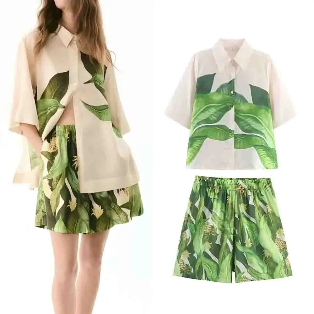 

Women's new fashion loose single breasted casual printed shirt retro short sleeved women's shirt chic top+shorts suit