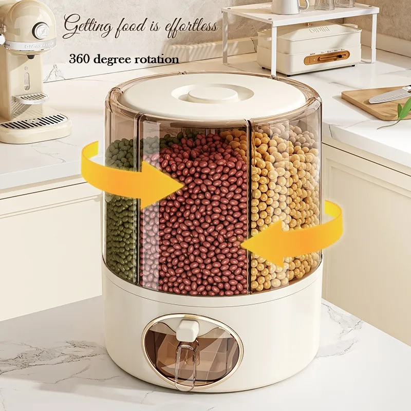 6 Grid Rice and Grain Storage Container 360° Rotating Food Dispenser Measuring Cylinder with Storage Sealed Lid Rice Dispenser