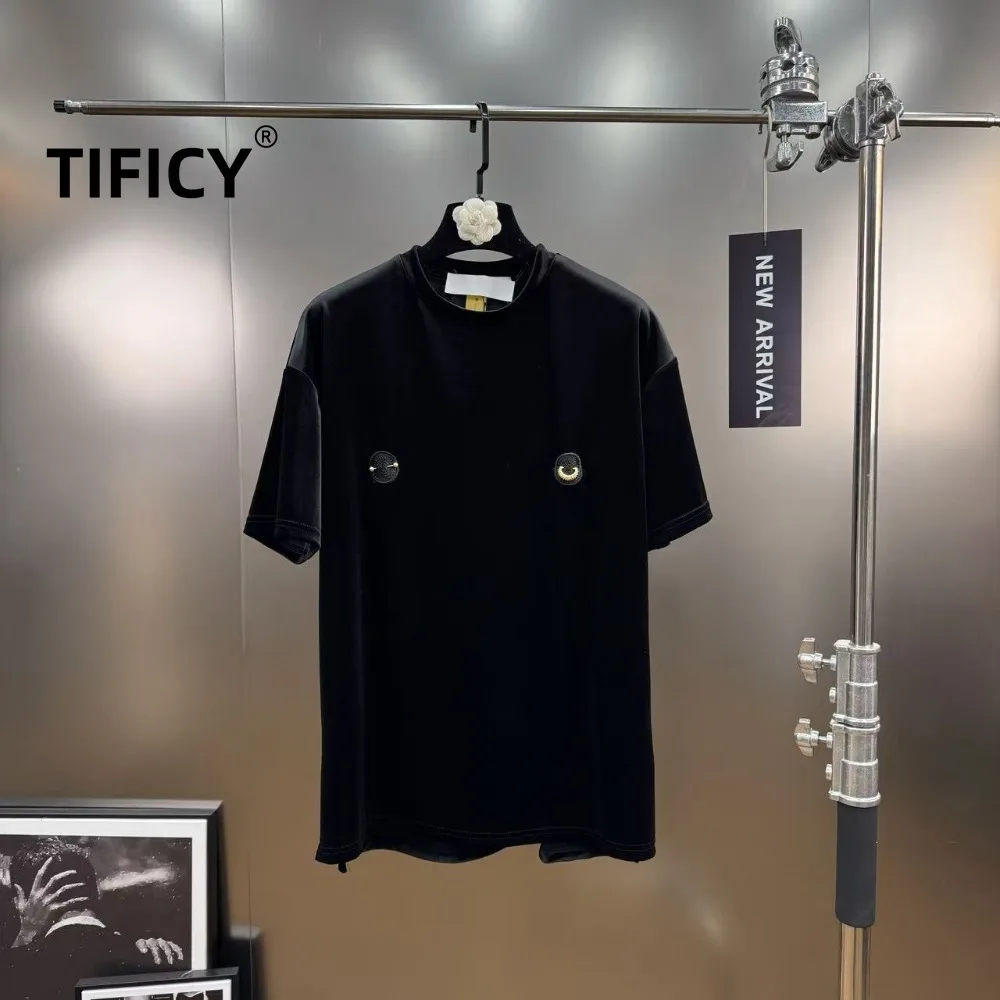 

Футболки High Street, топы, женские летние новые этикетки, железное кольцо, украшение, золотой бархат, свободная универсальная рубашка, футболки, топ