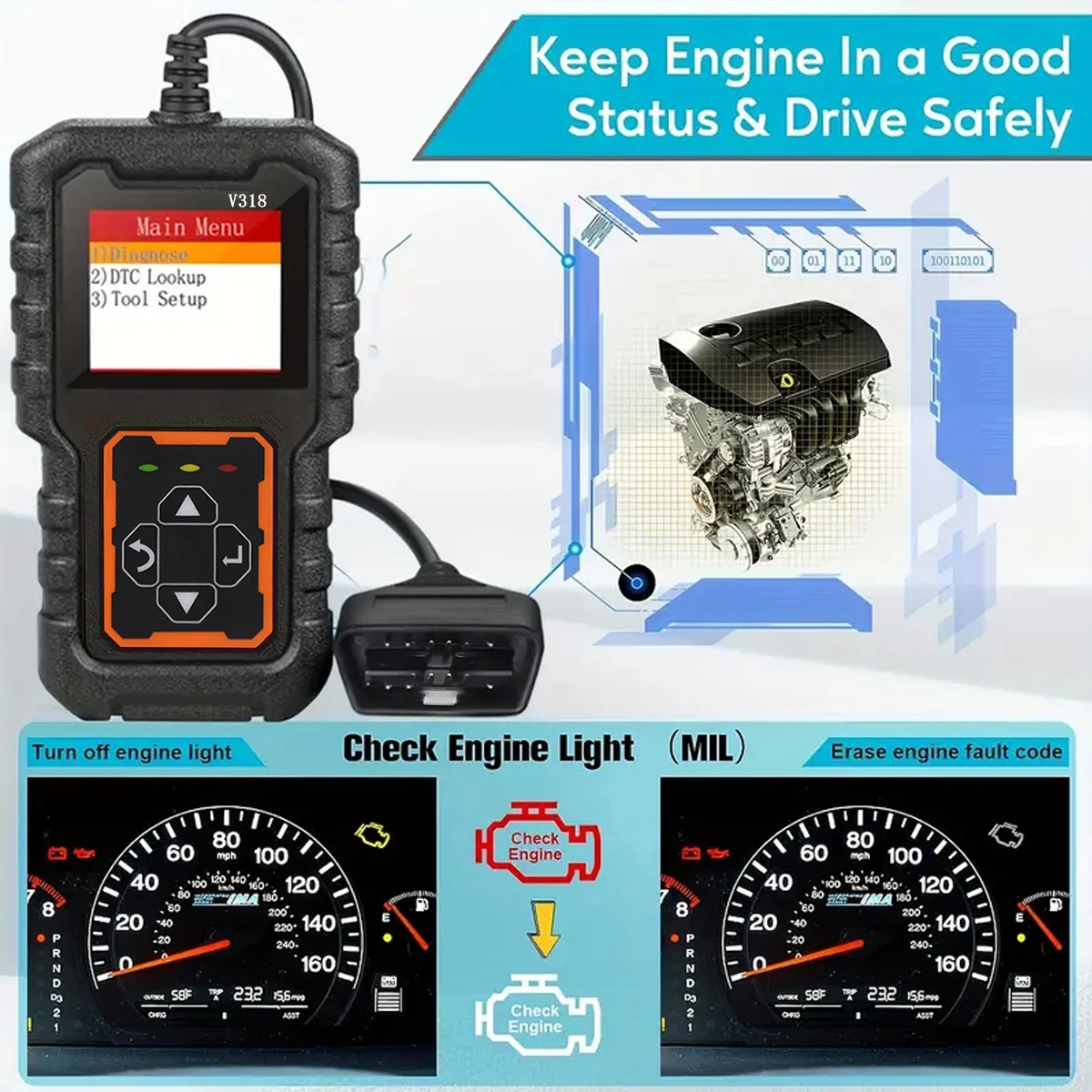 Car OBD2 Scanner Diagnostic Tool Code Reader, Car Voltage Tester Engine Fault Code Scanner, Charging Tester Diagnostic V318