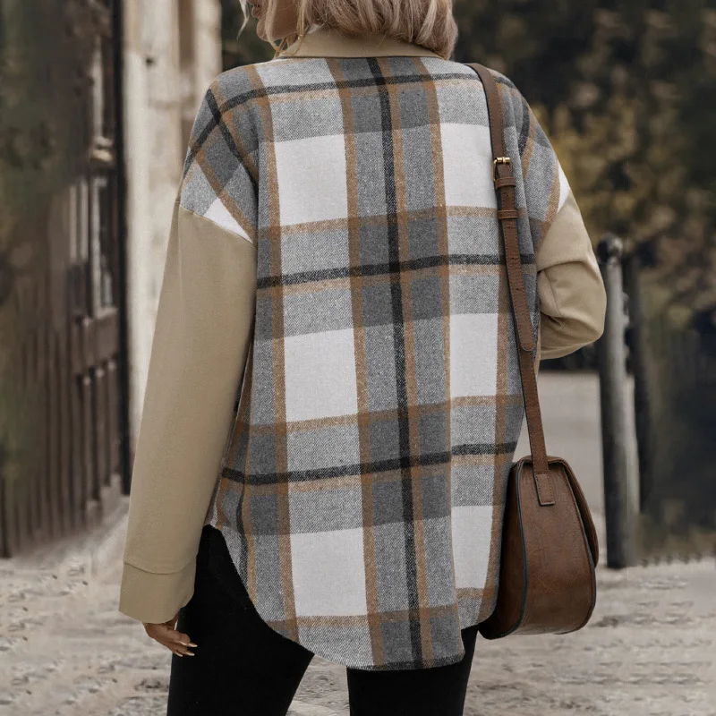 2024 new casual lapel pocket plaid matching color mid-long jacket trend long-sleeved women's autumn and winter coat