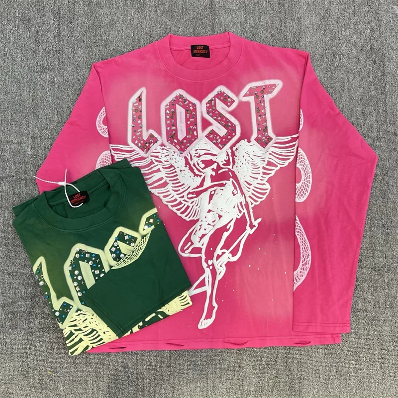 

LOST Retro Wash Water Hot Diamond Printed Short Sleeve Handmade Broken Cotton T-shirt