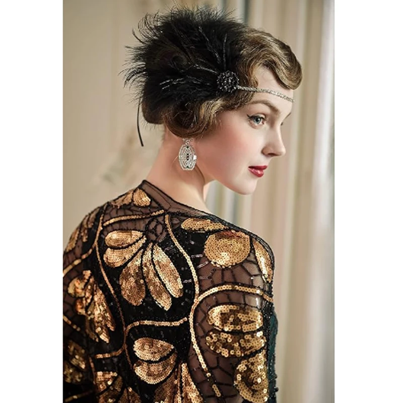 Vintage jaren 1920 Flapper hoofdband Roaring 20s Great Gatsby zendspoel met veer jaren 1920 Flapper Gatsby haaraccessoires zwarte set