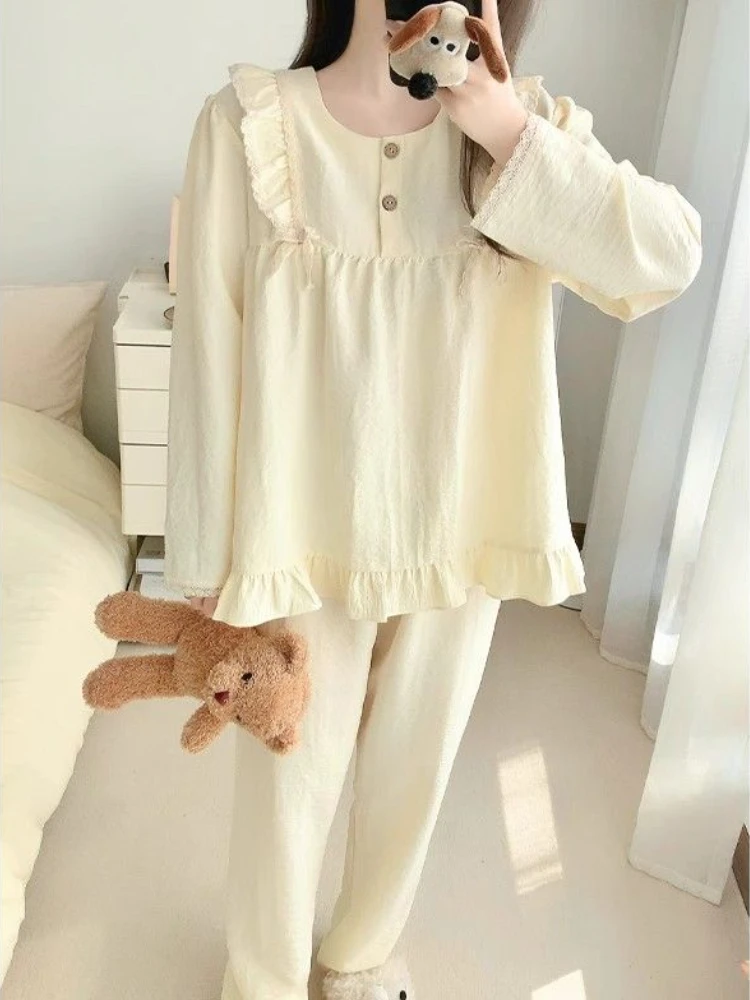 Conjuntos de pijamas de princesa para mujer, ropa de dormir informal con diseño de volantes, ropa de dormir para el hogar Ulzzang, suave, combina con todo, primavera y otoño, sencilla