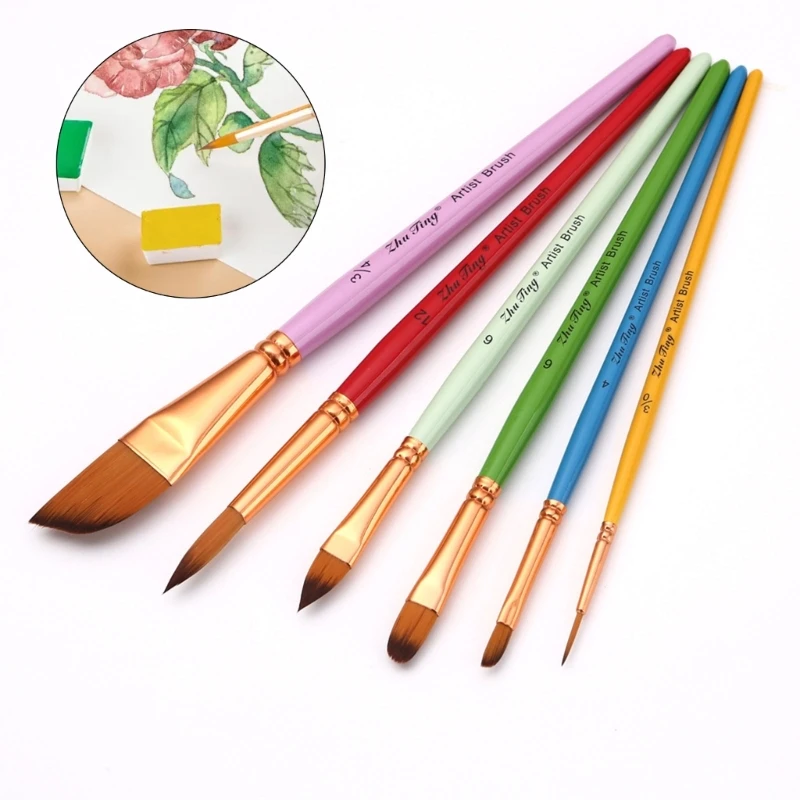 6Pcs Professional Paint Brush Fine/Round/Flat/Oblique Tip, Artist Paint Brush for Acrylic Watercolor Gouache Painting Dropship