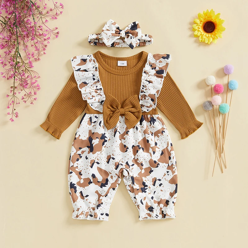 2024-09-13Lioraitiin Baby Girl Spring Outfit Contrast Ruffle Trim Fake Two-Piece Long Sleeve Full Length Romper Bow Headband Set