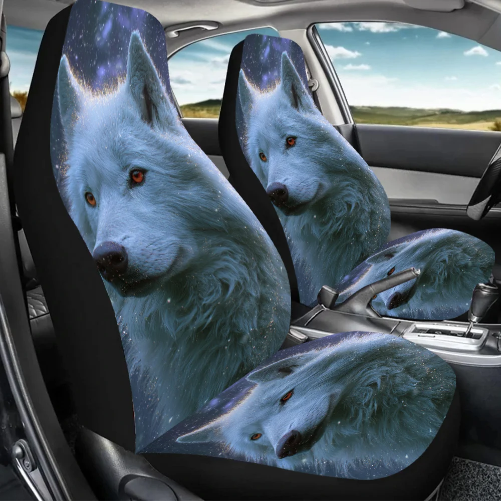 2pcs Celestial Wolf Glow Car Seat Covers - Fit For Cars, SUVs & Sedans, Durable Canvas With Sponge Filling, Vibrant Wolf & Starr