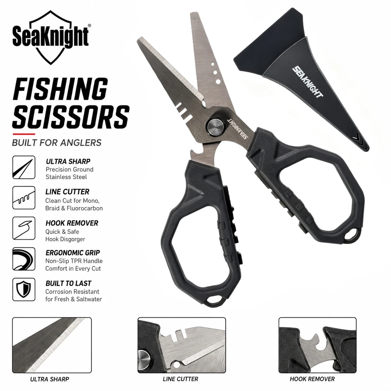 SeaKnight SK001 Multi Functional Fishing Scissor Stainless Steel Cutting PE Braided Wire Hook Adjuster Hook Ring Tightening Knot