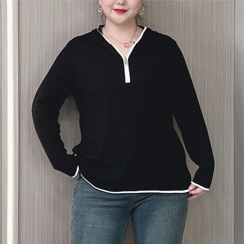 

2024 Spring And Autumn New Hooded Bottom Tops For Women Plus Size Loose Casual Zipper Long Sleeve T-shirt