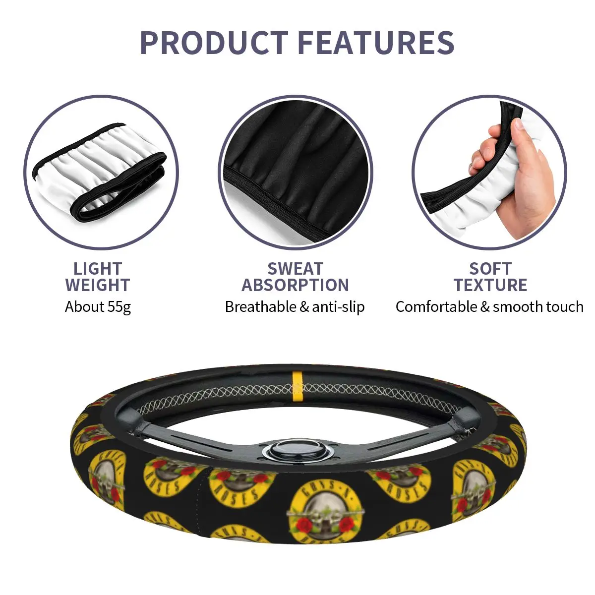 38cm Car Steering Wheel Cover Guns N Roses Bullet Logo Anti-slip Heavy Metal Braid On The Steering Wheel Cover Auto Accessories