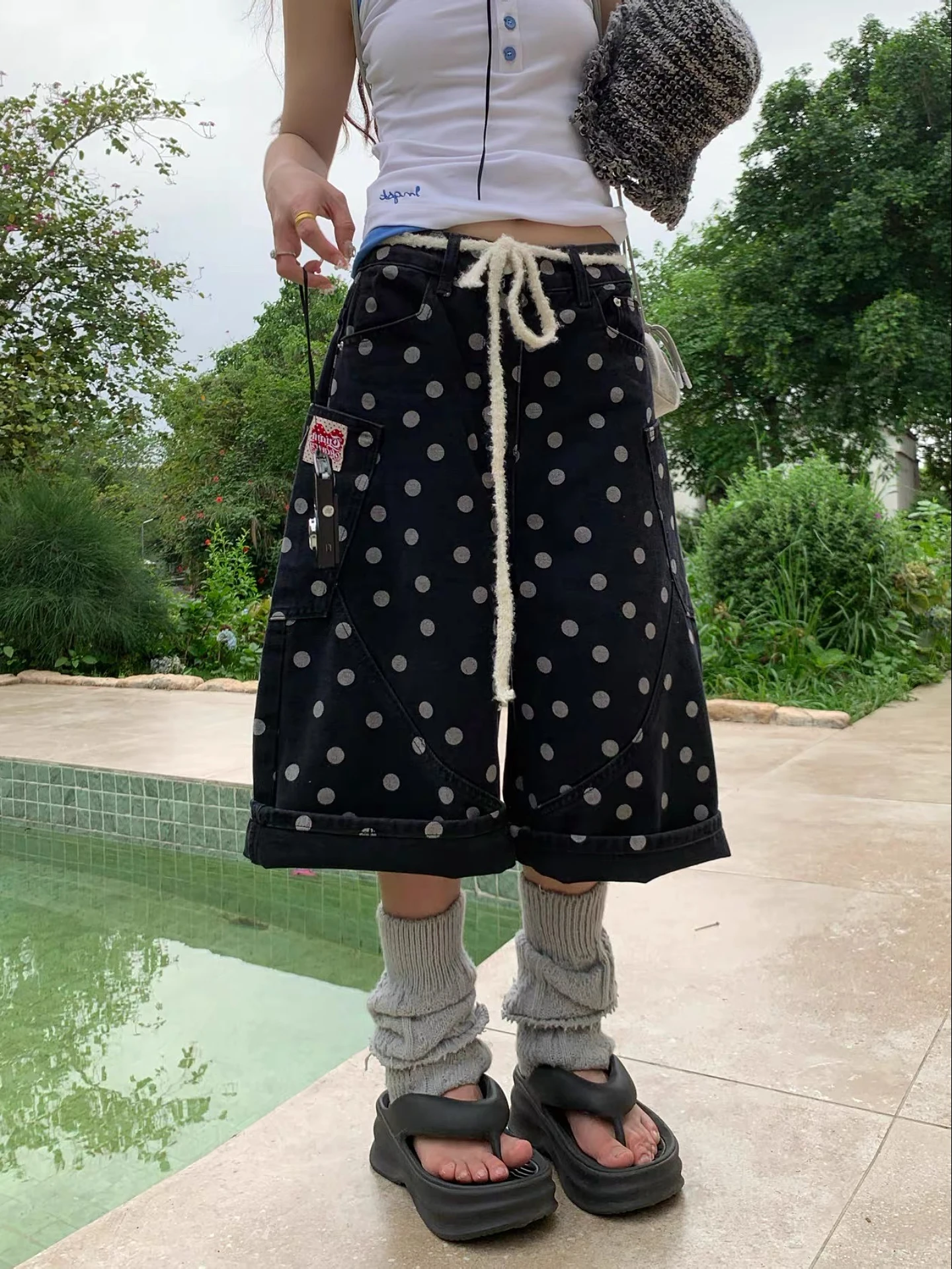 

plus Size American Retro Washed Polka Dot Denim Seven-Foot Pants Women Summer New Loose Wide Leg Shorts Casual High Waist