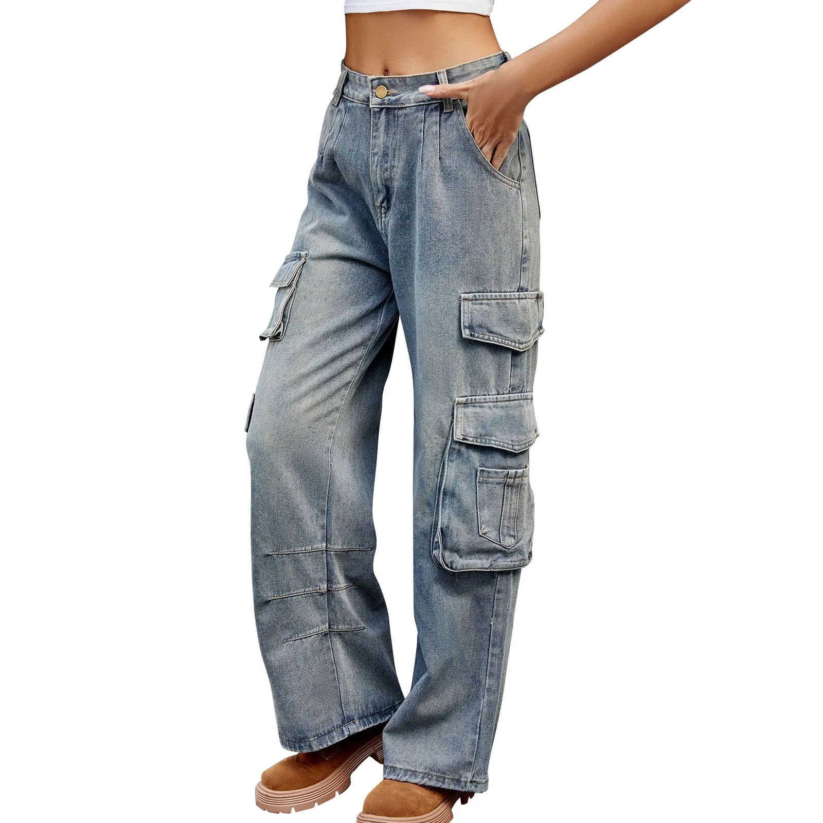 Nouveau printemps automne femme poche vêtements de travail Denim Cargo pantalons longs mode taille moyenne Vintage décontracté rue pantalon ample 2025