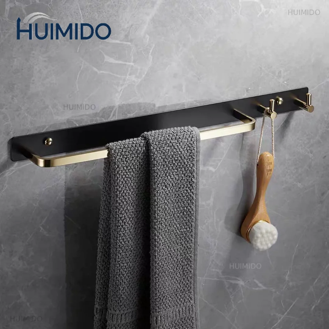 Brushed Gold Towel Hanger with Hooks Wall Mounted Towel Holder Black Towel Rack Bathroom Bar Rail Total Brass