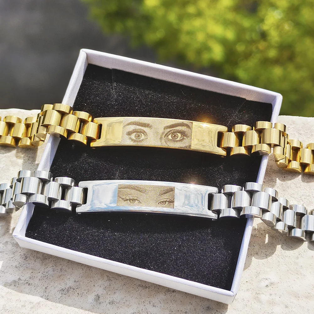 Pulsera personalizada con foto de ojos para pareja, brazalete con imagen personalizada, imagen grabable, regalos de acero inoxidable para familia,