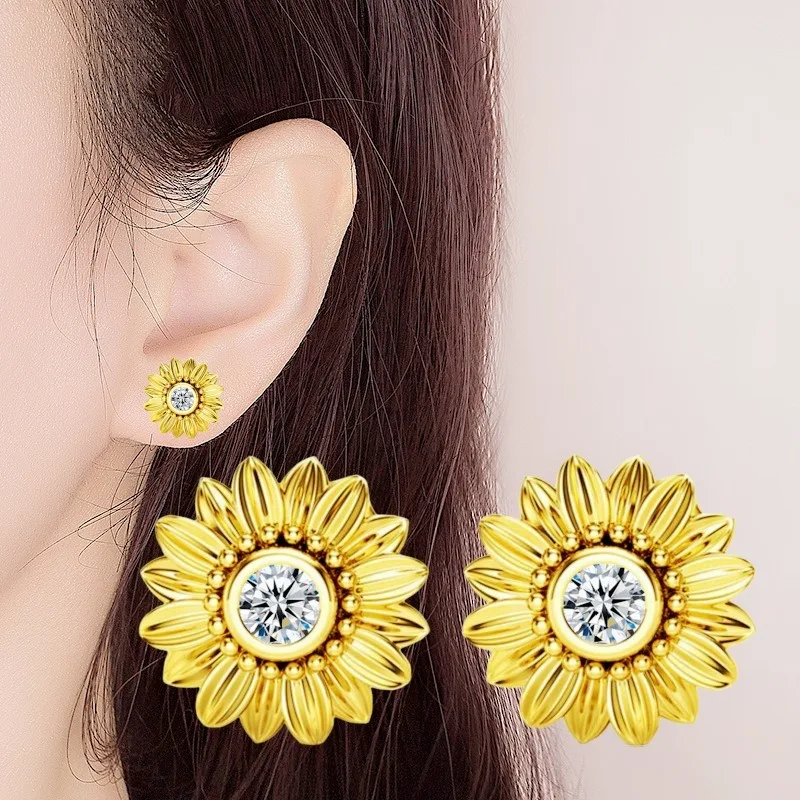 New Fashion Women Elegant Sunflower Earrings Female Light Luxry Natural Sunflower Pattern Earrings Pendiente De Acero Inoxidable