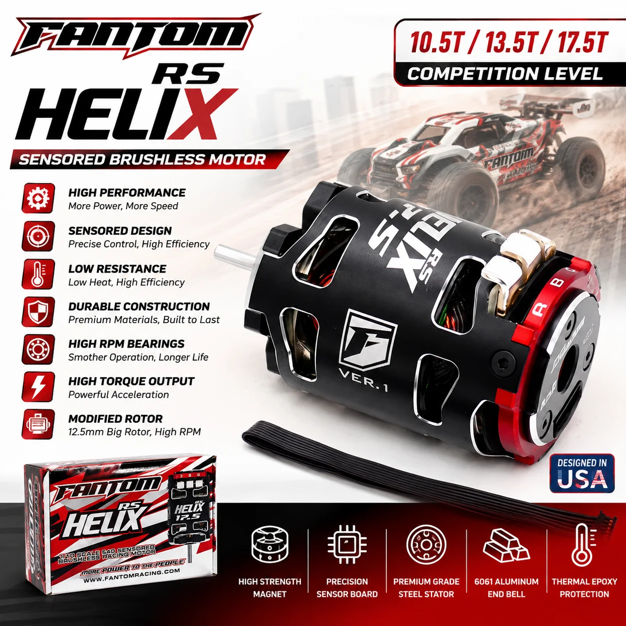 FANTOM 540 RACING HELIX RS 10.5T 13.5T 17.5T Sensored Brushless Motor for 1/10 RC Climbing Off-road Drift Racing/Competition Car