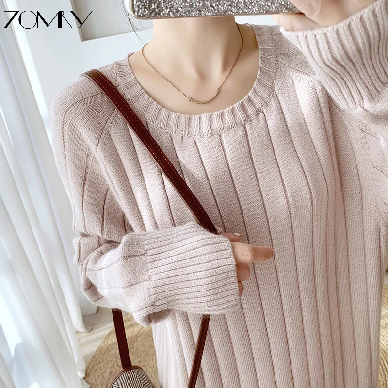 ZOMRY Autumn Fashion New Long Simple Loose Knitted Dress Korean Women\'s O-Neck Elegant Casual Straight Sweater Warm Vest Dresses