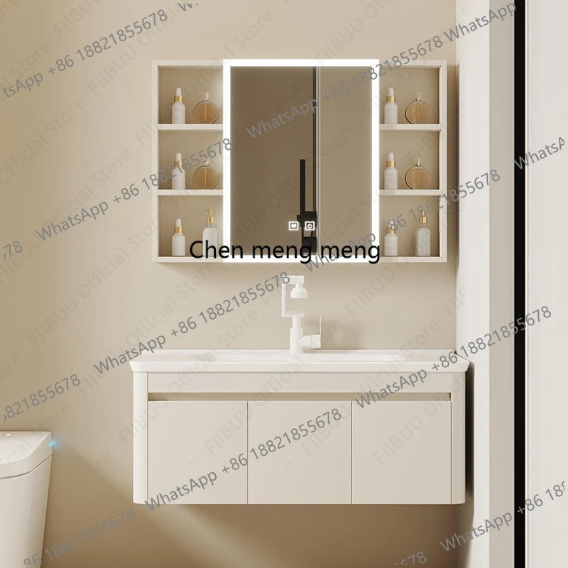 Wall Mounted Bathroom Vanity Combo With One Piece Wash Sink Basin Mirror Cabinet Floating Large Storage Cabinet With Faucet Set
