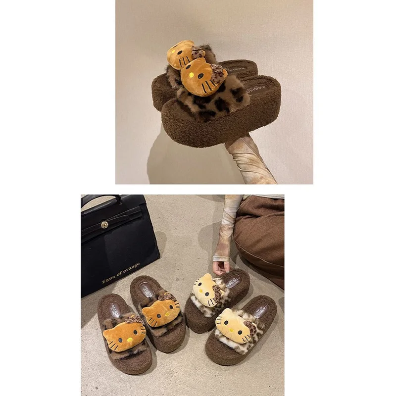 Kawaii لطيف مرحبا كيتي النعال القطن فتاة خريف شتاء وصول موضة الكرتون أنيمي ليوبارد طباعة غامض النعال فتاة هدية