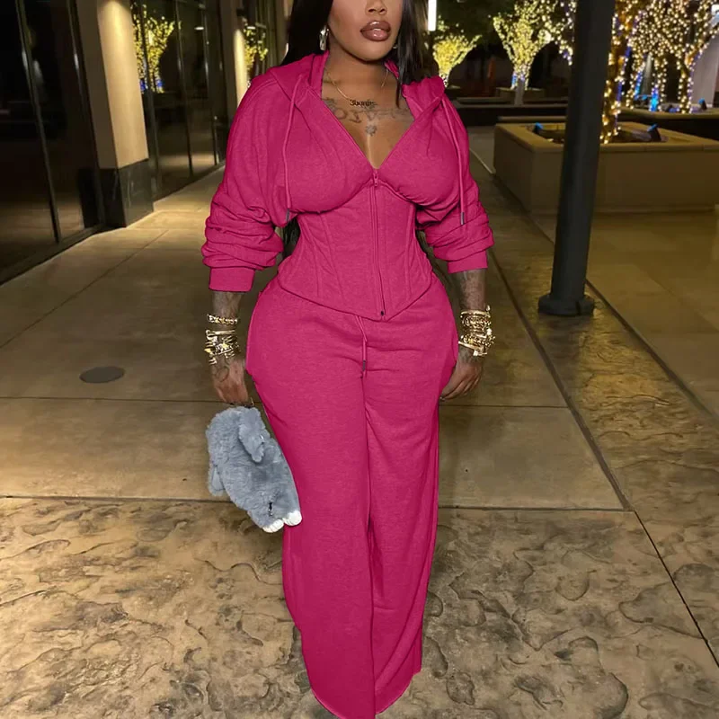 Streetwear casual agasalho mulher conjunto de duas peças desportivo zíper com capuz rendas bandagem espartilho jaqueta e moletom conjuntos combinando