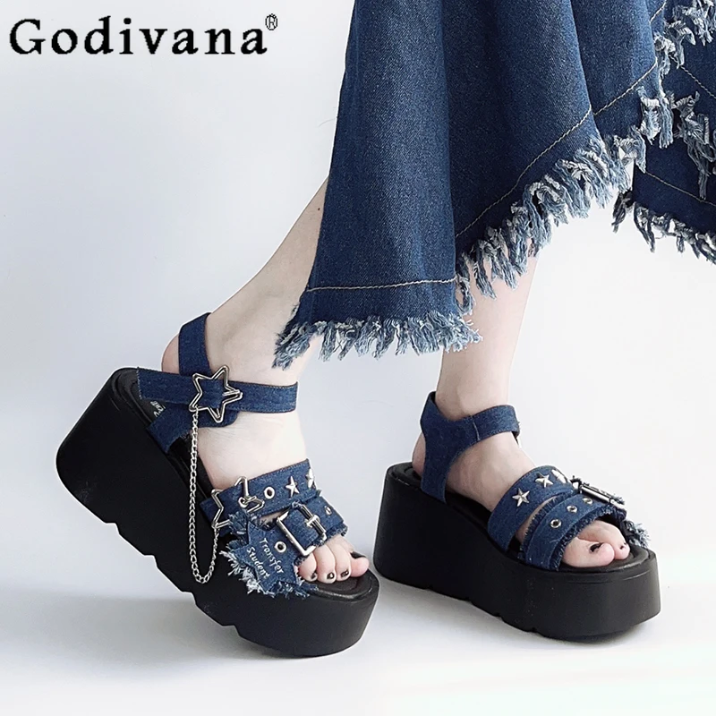 

Japanese Original Y2k Subculture Lolita Platform Sandals 2025 Summer New Cool Girl Rivet Chain Denim Versatile Muffin Shoes